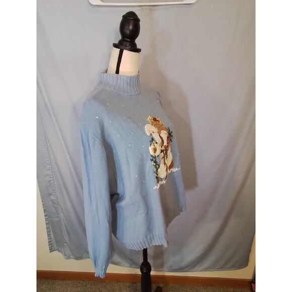 Quacker Factory; blue winter pullover sweater with Christmas theme. - Picture 2 of 7